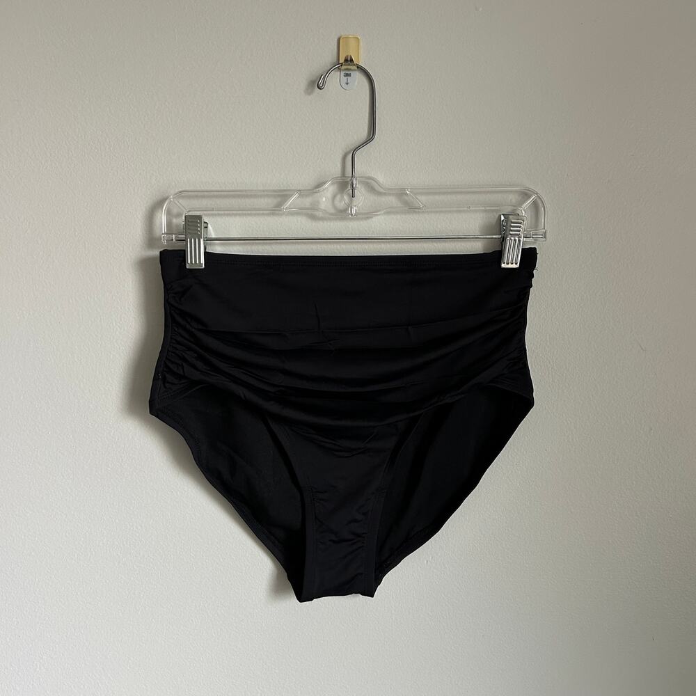 Kona Sol Black High Waist Ruched Gathered Full Coverage Bikini Bottoms Medium